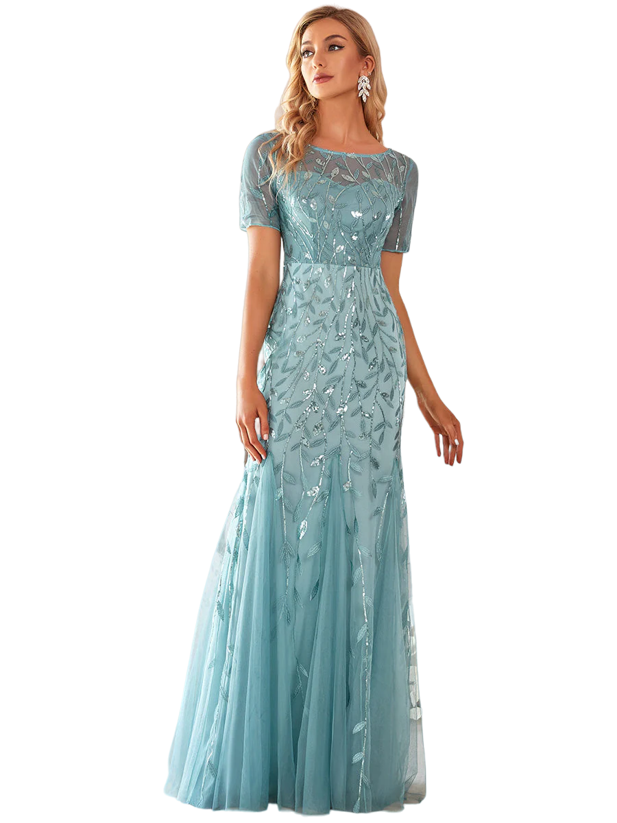 Vestido Elegante de Fiesta Largo Turquesa Dusty para Mujer con Lentejuela Sirena Manga Corta T Ch a Talla Extra