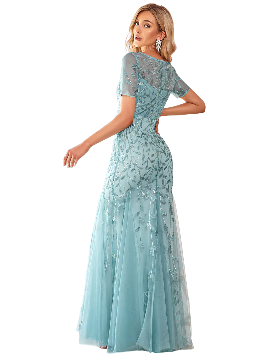 Vestido Elegante de Fiesta Largo Turquesa Dusty para Mujer con Lentejuela Sirena Manga Corta T Ch a Talla Extra