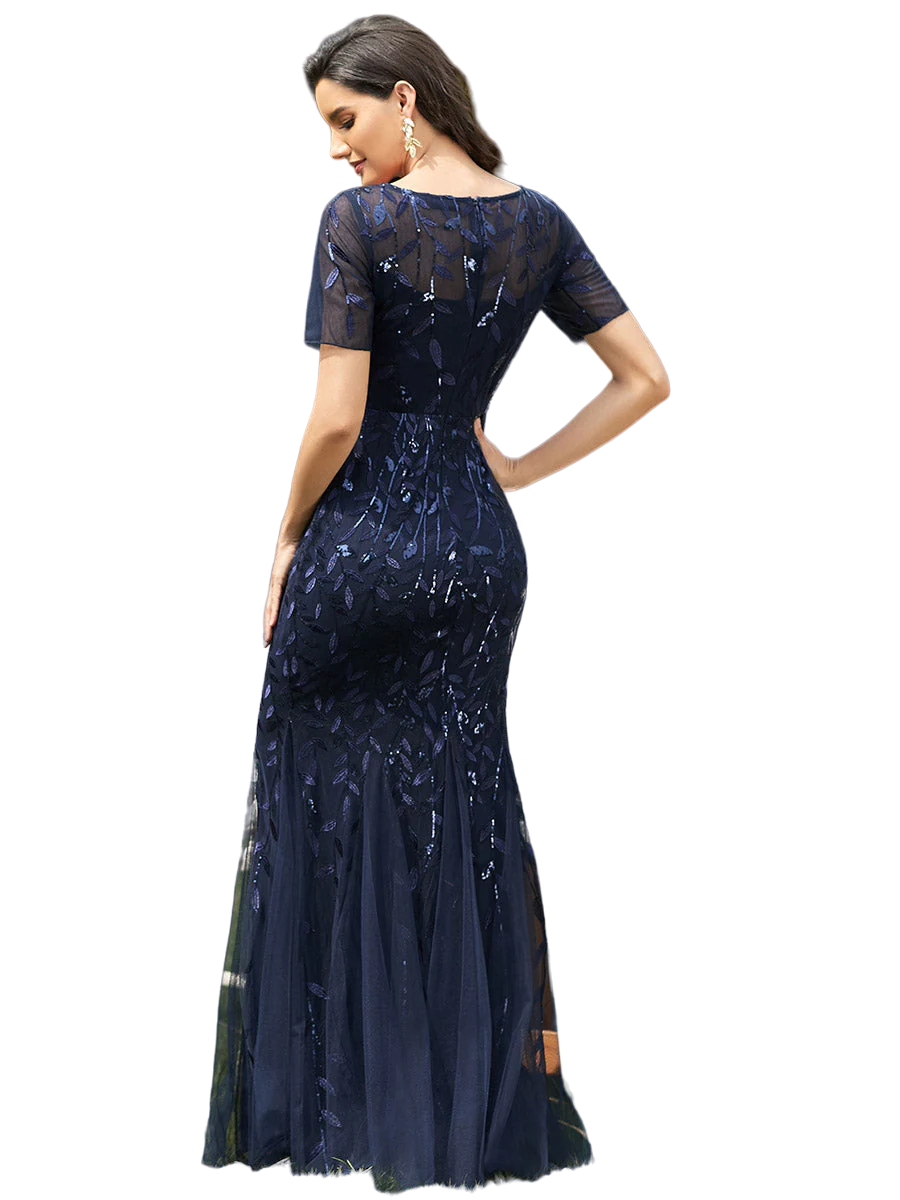 Vestido Elegante de Fiesta Largo Azul Marino para Mujer con Lentejuela Sirena Manga Corta T Ch a Talla Extra