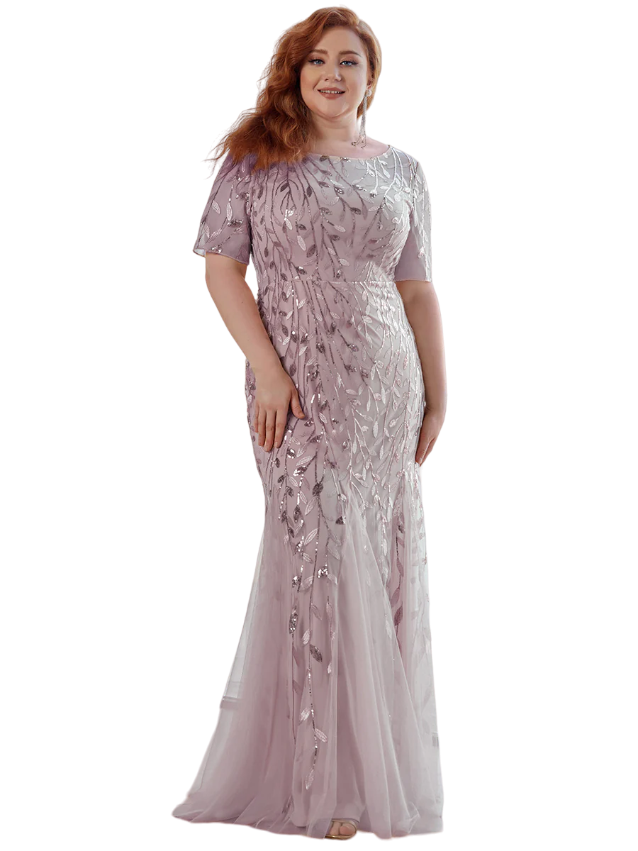 Vestido Elegante de Fiesta Largo Lila Violeta para Mujer con Lentejuela Sirena Manga Corta T Ch a Talla Extra