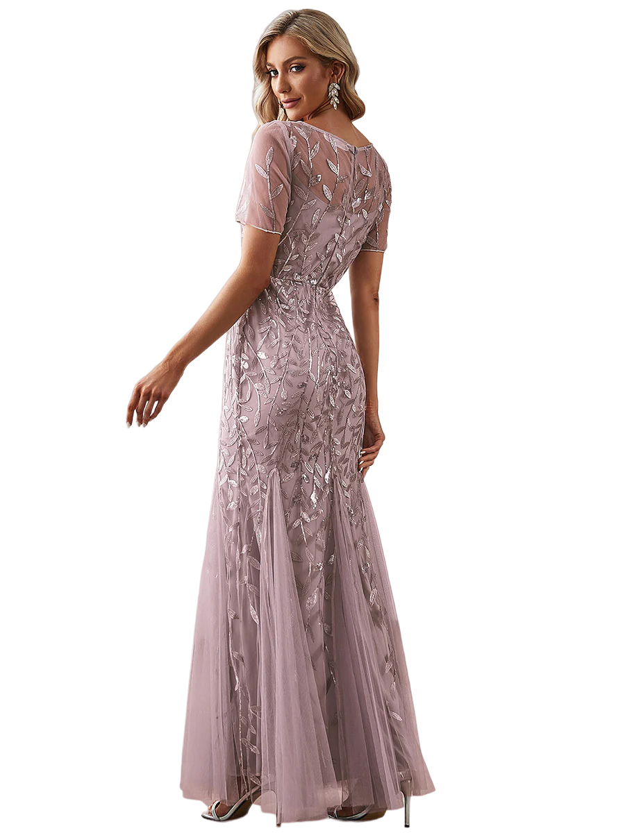 Vestido Elegante de Fiesta Largo Lila Violeta para Mujer con Lentejuela Sirena Manga Corta T Ch a Talla Extra