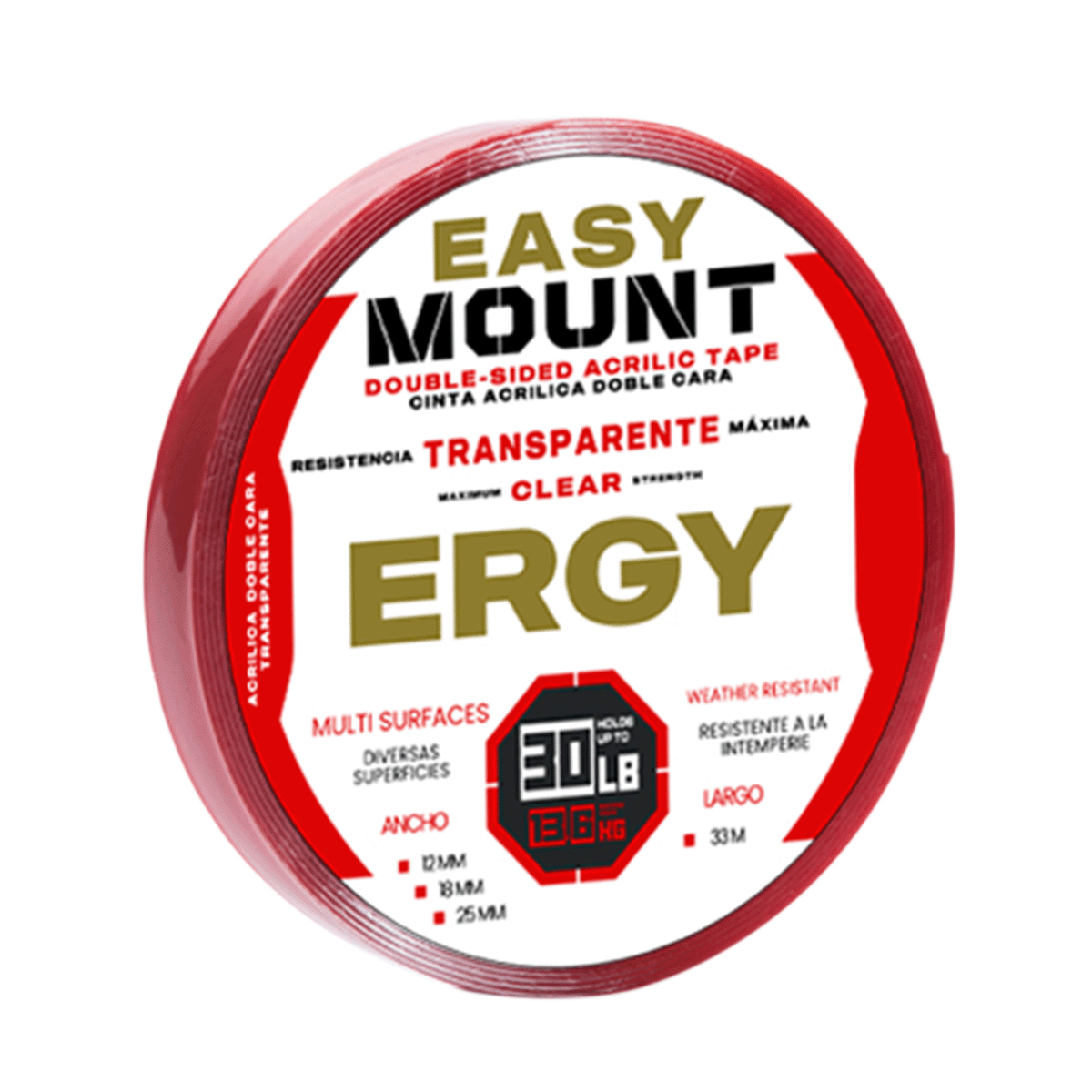 Cinta doble cara acrílica para montaje ERGY. 1/2" (12 mm) x 33 m. Color transparente.