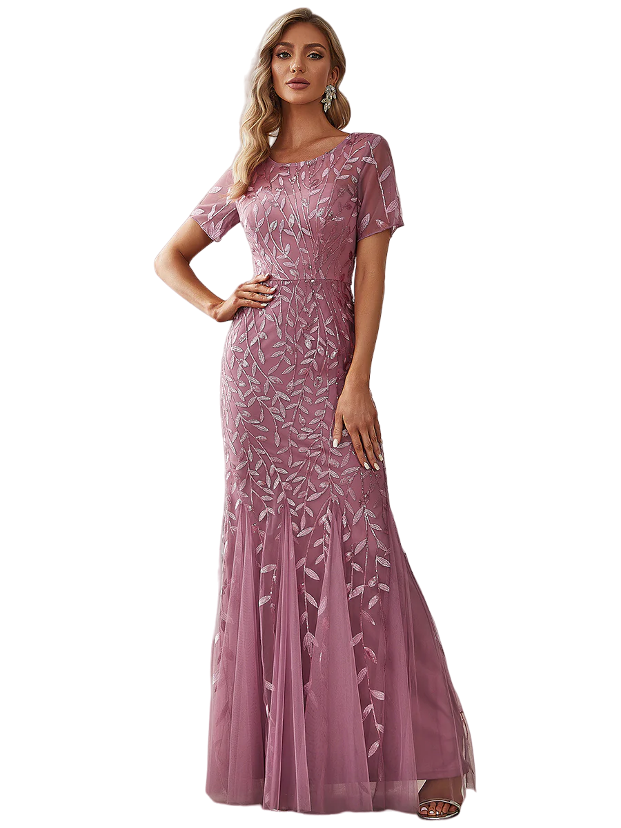Vestido Elegante de Fiesta Largo Mauve Magenta para Mujer con Lentejuela Sirena Manga Corta T Ch a Talla Extra