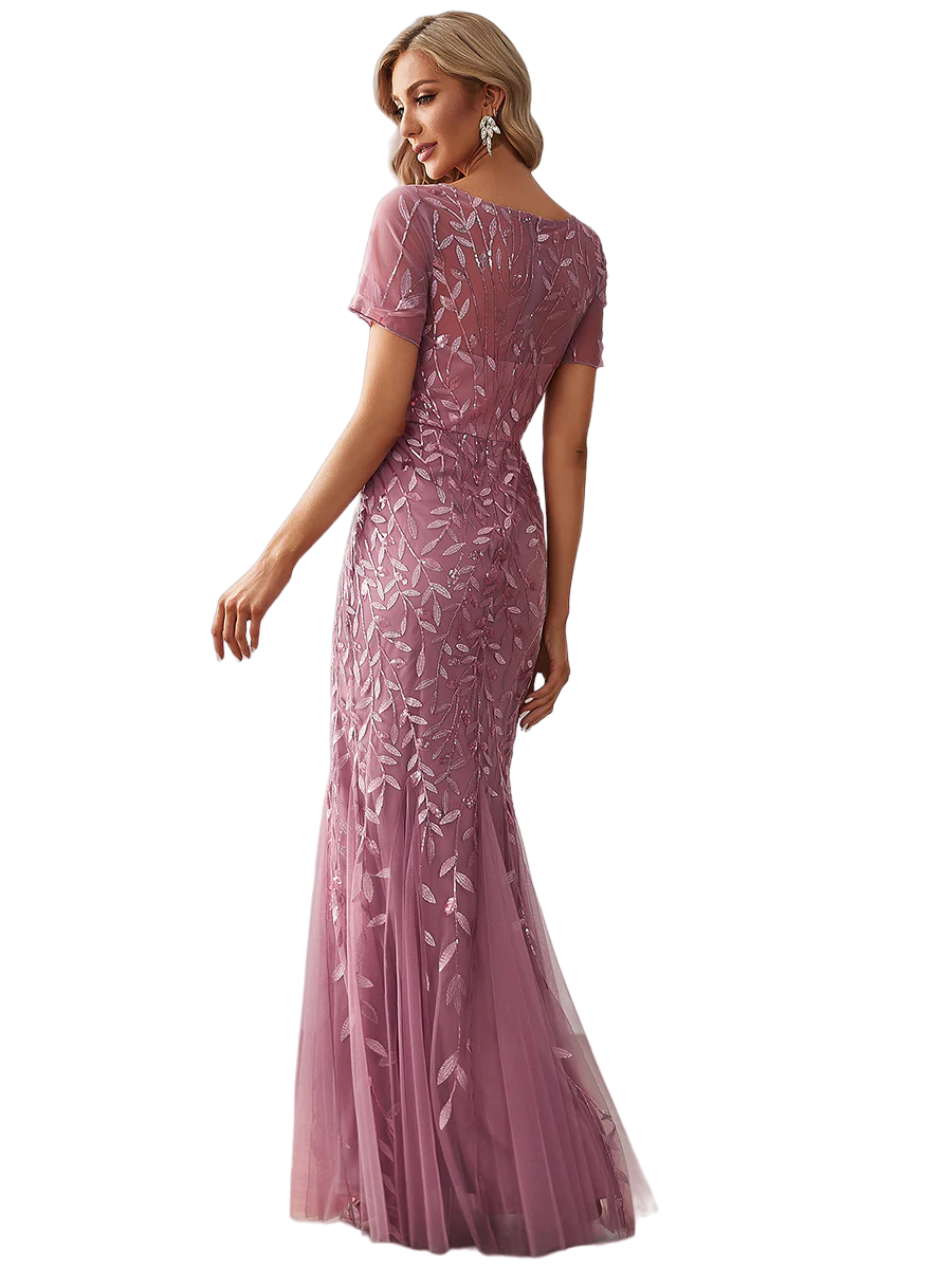 Vestido Elegante de Fiesta Largo Mauve Magenta para Mujer con Lentejuela Sirena Manga Corta T Ch a Talla Extra