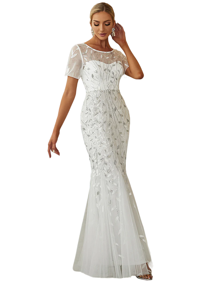Vestido Elegante de Fiesta Largo Blanco Novia para Mujer Boda con Lentejuela Sirena Manga Corta T Ch a Talla Extra