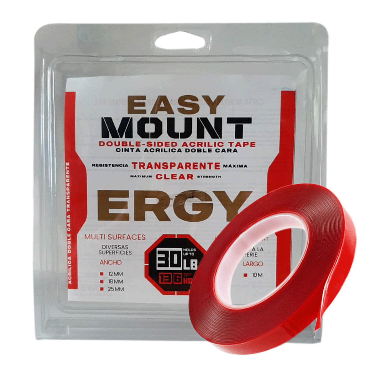 Cinta doble cara acrílica para montaje ERGY. 3/4" (19 mm) x 10 m. Color transparente.