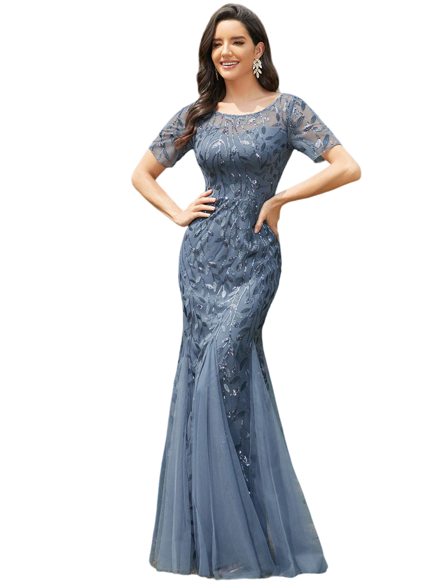 Vestido Elegante de Fiesta Largo Azul Acero para Mujer con Lentejuela Sirena Manga Corta T Ch a Talla Extra