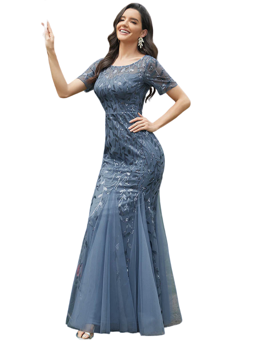 Vestido Elegante de Fiesta Largo Azul Acero para Mujer con Lentejuela Sirena Manga Corta T Ch a Talla Extra