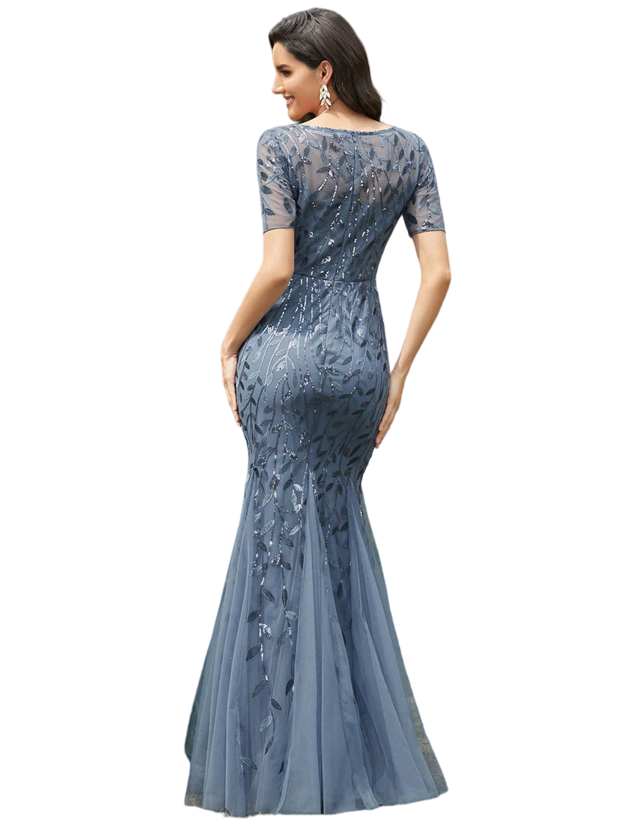 Vestido Elegante de Fiesta Largo Azul Acero para Mujer con Lentejuela Sirena Manga Corta T Ch a Talla Extra