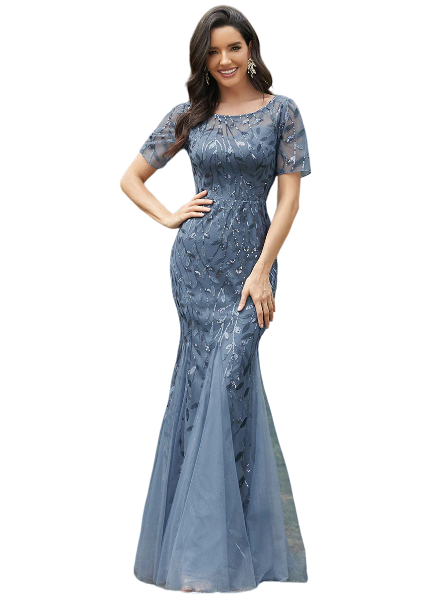 Vestido Elegante de Fiesta Largo Azul Acero para Mujer con Lentejuela Sirena Manga Corta T Ch a Talla Extra