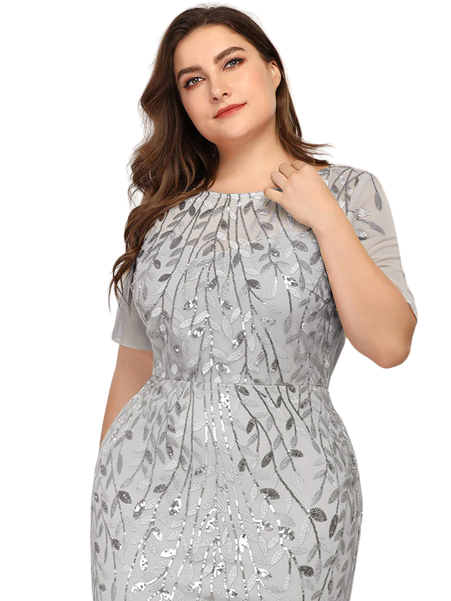 Vestido Elegante de Fiesta Largo Plata Gris para Mujer con Lentejuela Sirena Manga Corta T Ch a Talla Extra