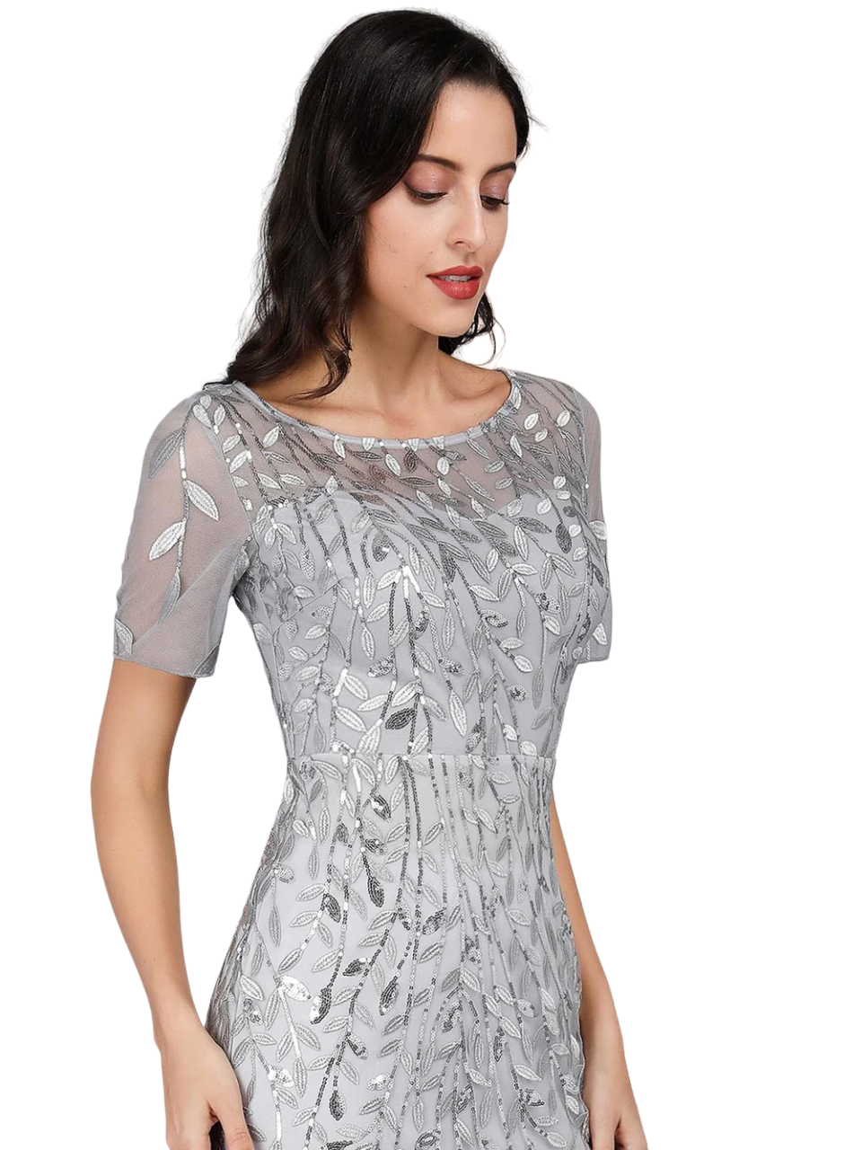 Vestido Elegante de Fiesta Largo Plata Gris para Mujer con Lentejuela Sirena Manga Corta T Ch a Talla Extra