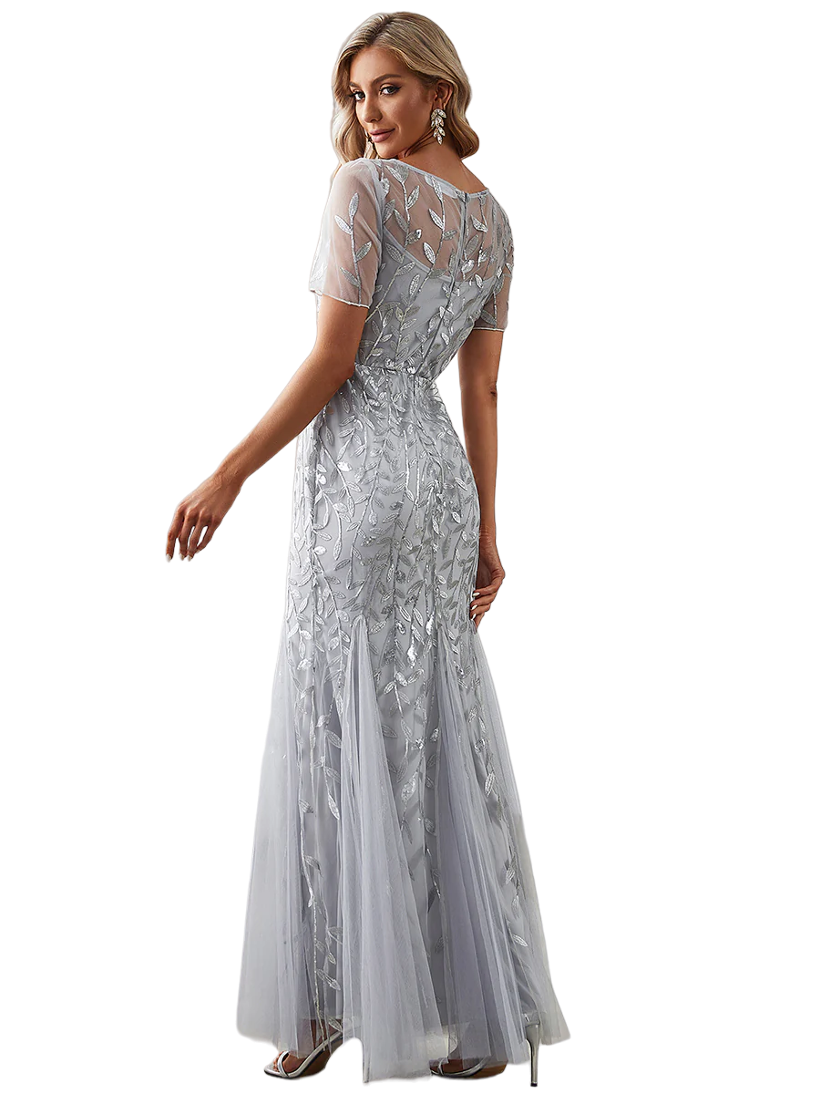 Vestido Elegante de Fiesta Largo Plata Gris para Mujer con Lentejuela Sirena Manga Corta T Ch a Talla Extra