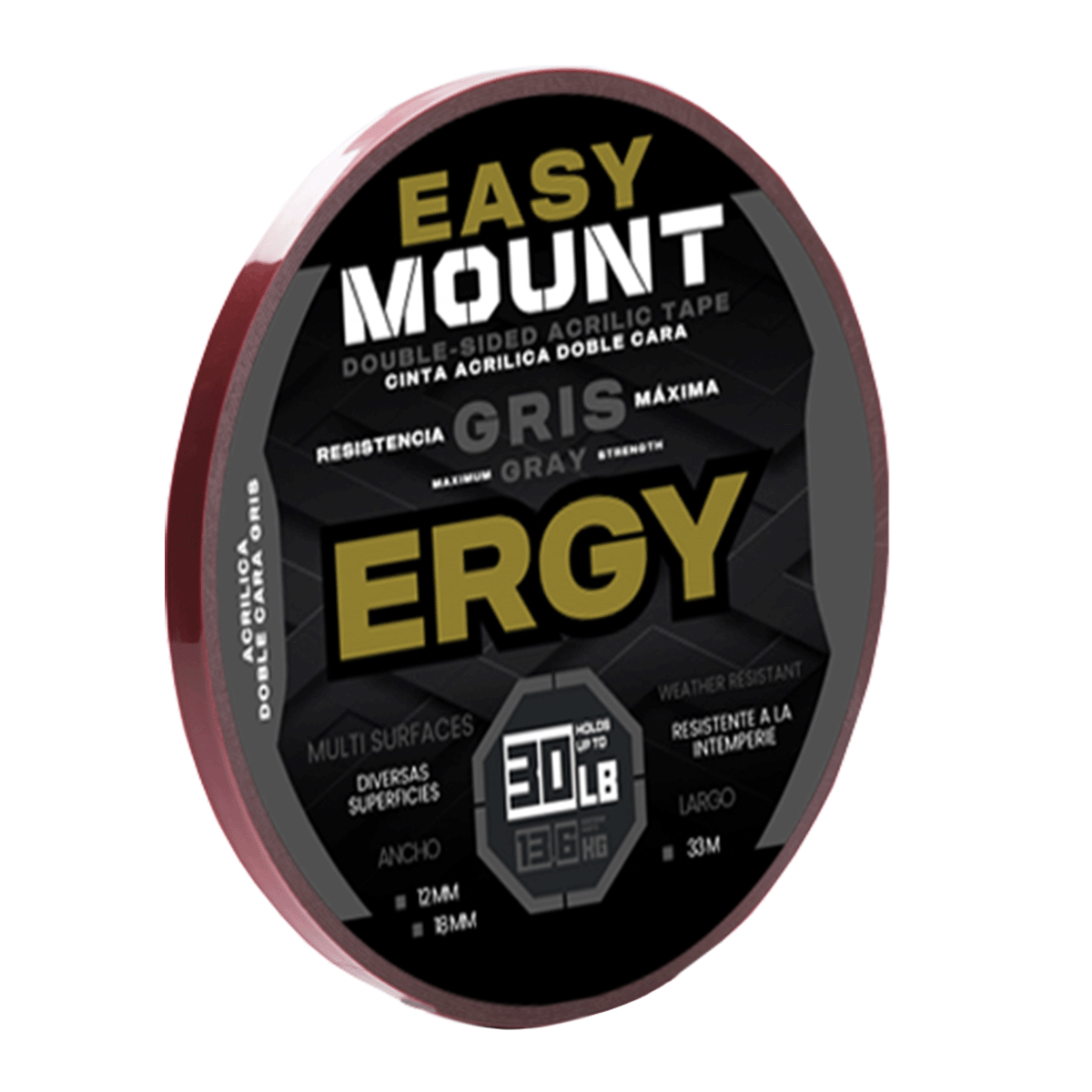 Cinta doble cara acrílica para montaje ERGY. 1/4" (6 mm) x 33 m. Color gris.