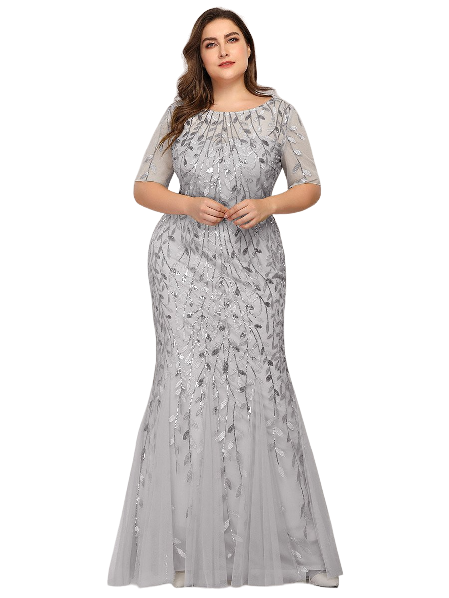 Vestido Elegante de Fiesta Largo Plata Gris para Mujer con Lentejuela Sirena Manga Corta T Ch a Talla Extra