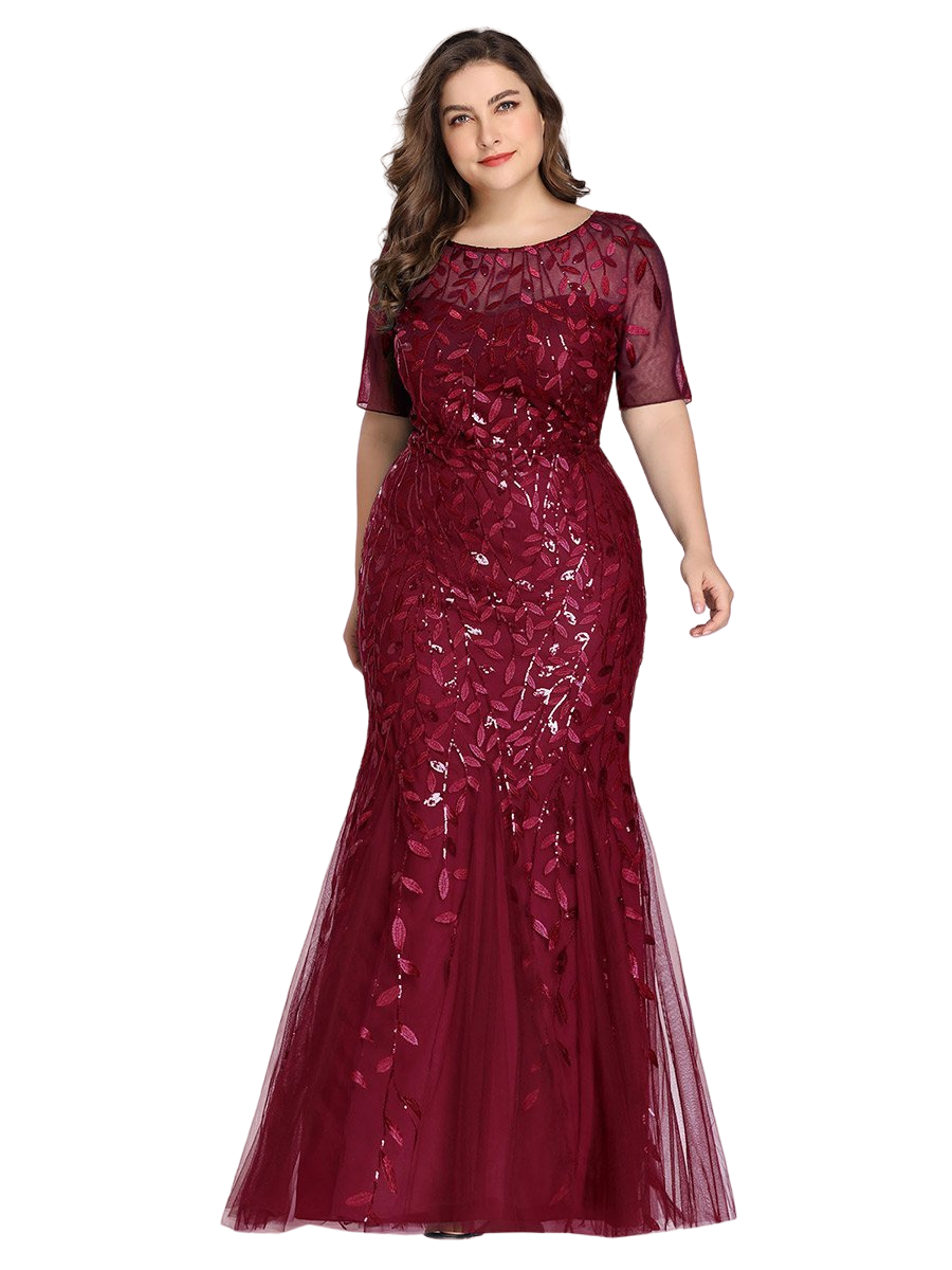Vestido Elegante de Fiesta Largo Guinda Vino para Mujer con Lentejuela Sirena Manga Corta T Ch a Talla Extra