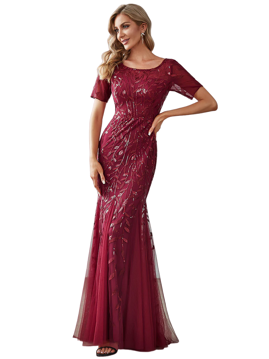Vestido Elegante de Fiesta Largo Guinda Vino para Mujer con Lentejuela Sirena Manga Corta T Ch a Talla Extra