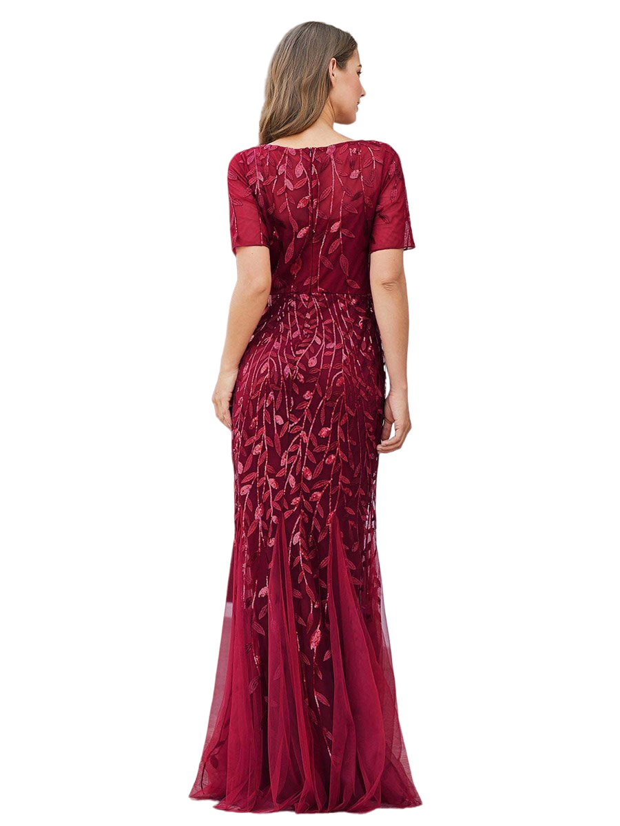 Vestido Elegante de Fiesta Largo Guinda Vino para Mujer con Lentejuela Sirena Manga Corta T Ch a Talla Extra