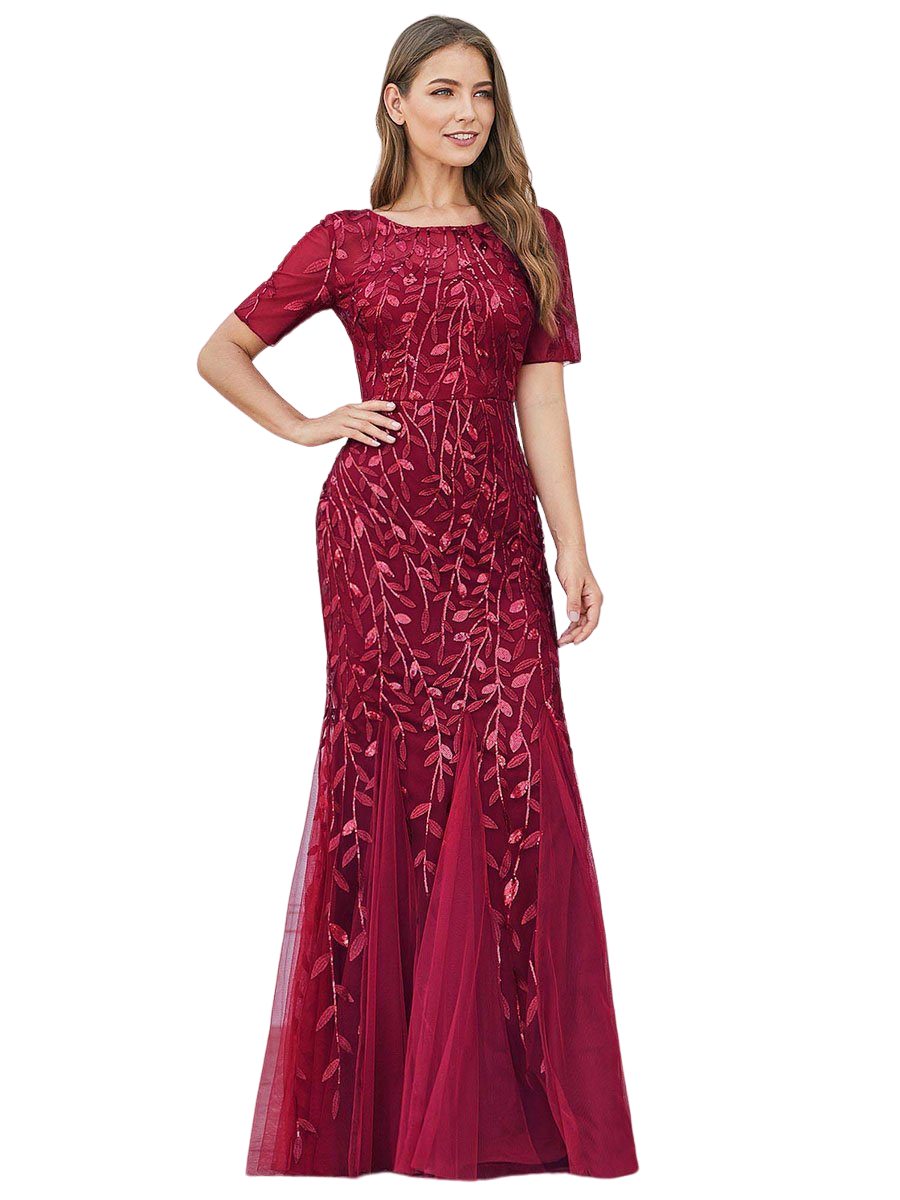 Vestido Elegante de Fiesta Largo Guinda Vino para Mujer con Lentejuela Sirena Manga Corta T Ch a Talla Extra
