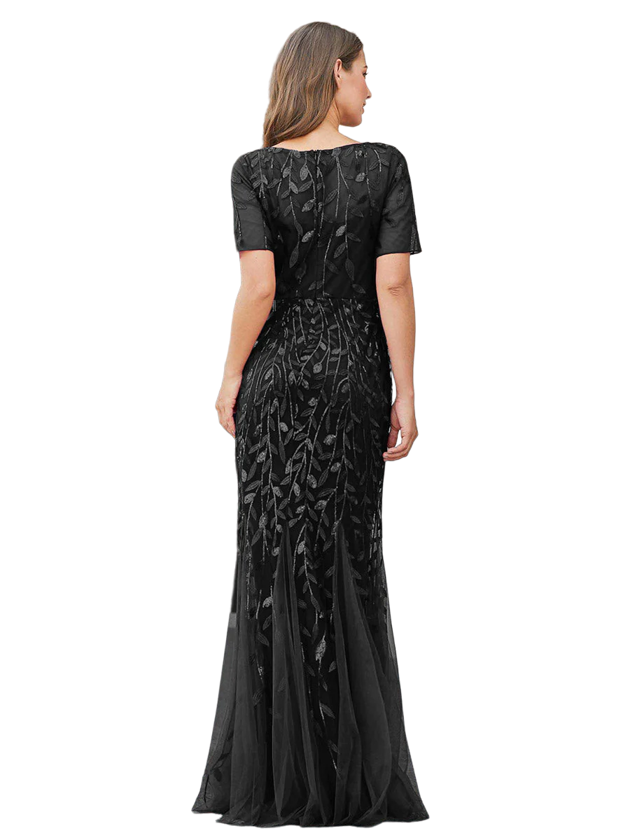 Vestido Elegante de Fiesta Largo Negro para Mujer con Lentejuela Sirena Manga Corta T Ch a Talla Extra