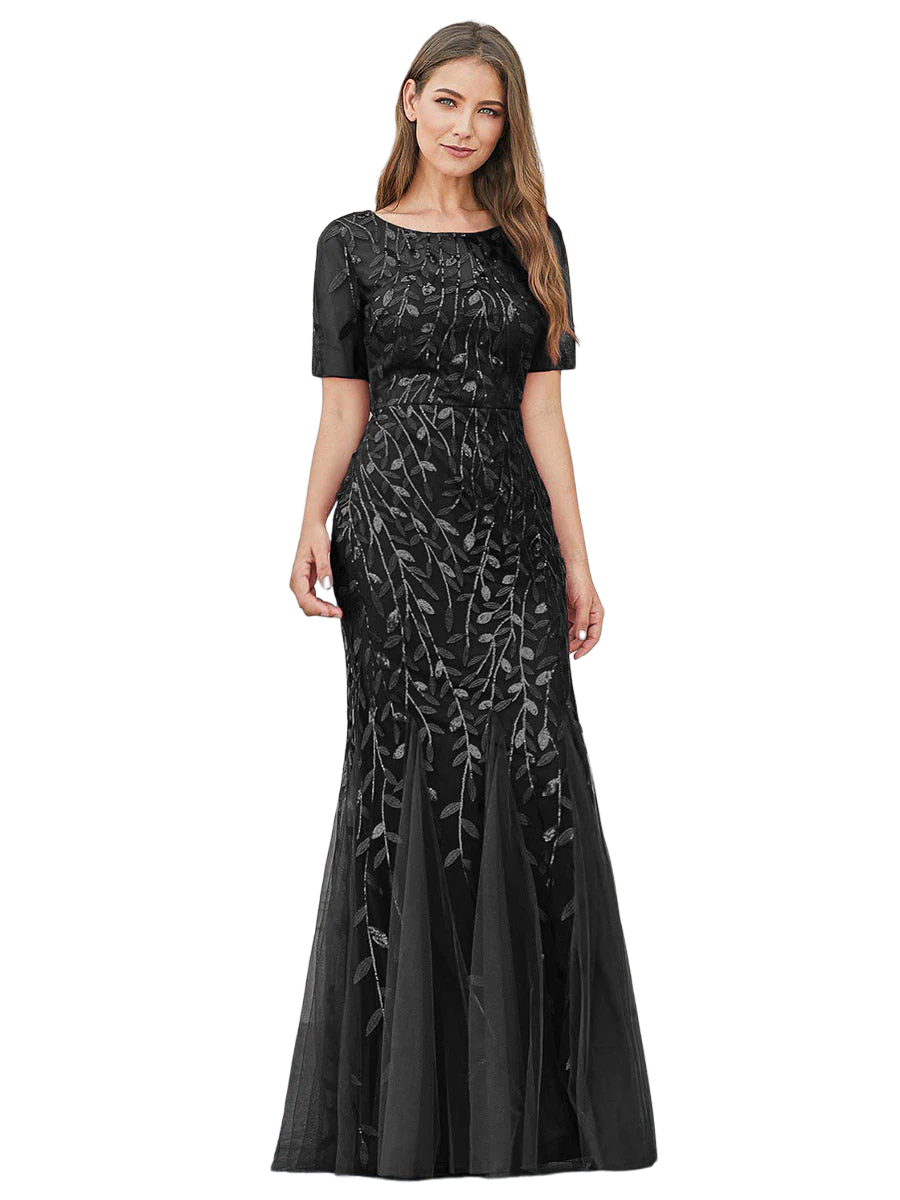 Vestido Elegante de Fiesta Largo Negro para Mujer con Lentejuela Sirena Manga Corta T Ch a Talla Extra