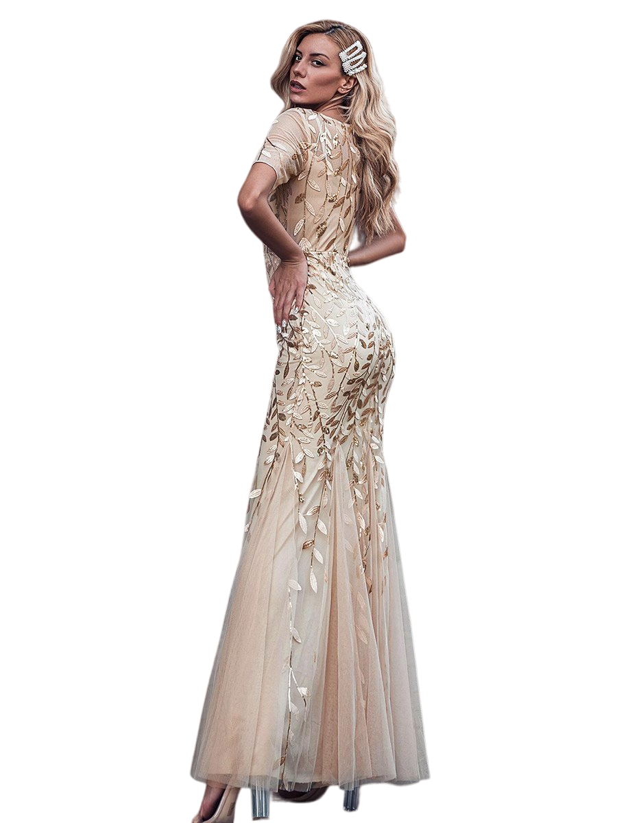 Vestido Elegante de Fiesta Largo Dorado Beige para Mujer con Lentejuela Sirena Manga Corta T Ch a Talla Extra