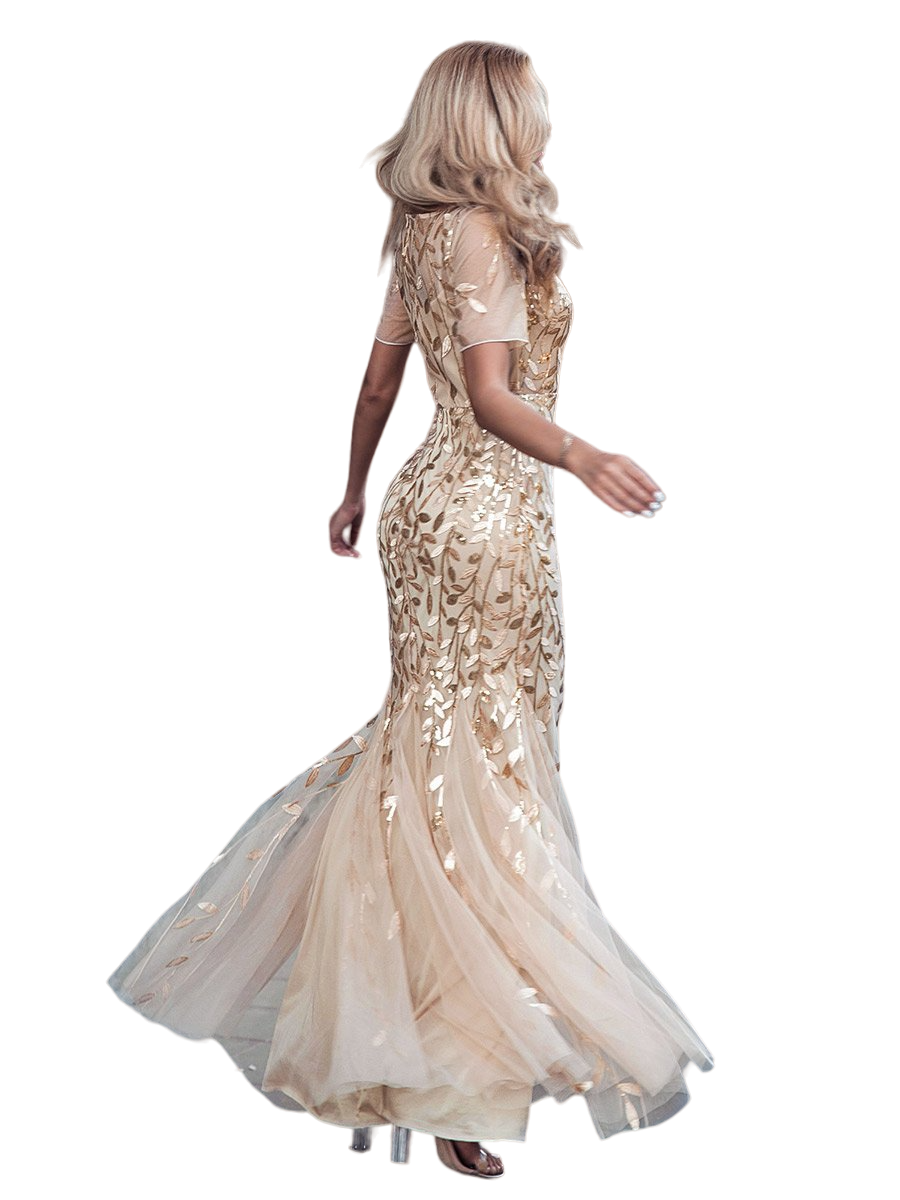 Vestido Elegante de Fiesta Largo Dorado Beige para Mujer con Lentejuela Sirena Manga Corta T Ch a Talla Extra