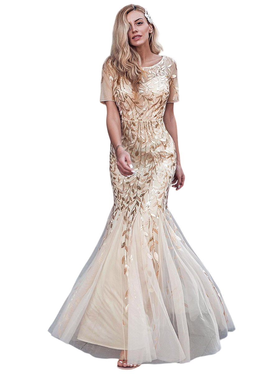 Vestido Elegante de Fiesta Largo Dorado Beige para Mujer con Lentejuela Sirena Manga Corta T Ch a Talla Extra