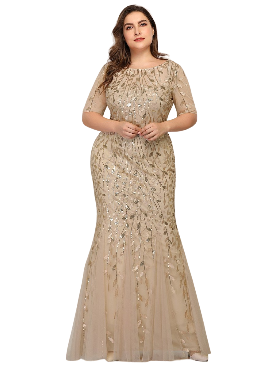 Vestido Elegante de Fiesta Largo Dorado Beige para Mujer con Lentejuela Sirena Manga Corta T Ch a Talla Extra