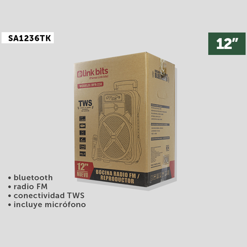 Bocina 12" Recargable LinkBits C/ Agarradera Bluetooth Microfono y Control