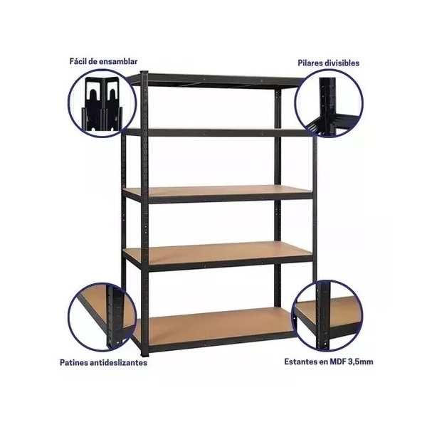 Estante Metálico Black Galvanizado 5 Niveles Tablero Mdf