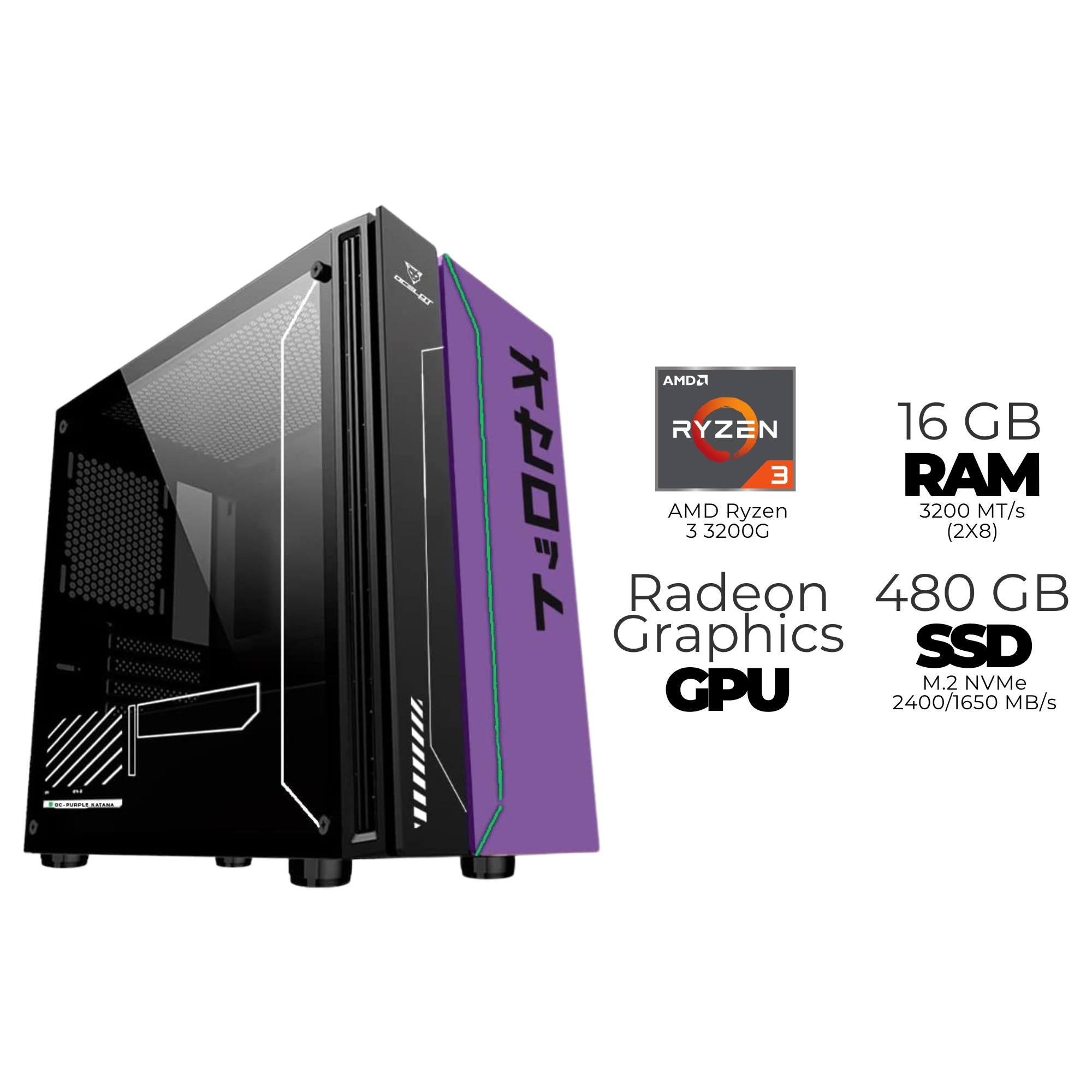 Ocelot PC Katana AMD Ryzen 3 3200G, 16 GB DDR4, 480 GB SSD NVMe, Windows 10