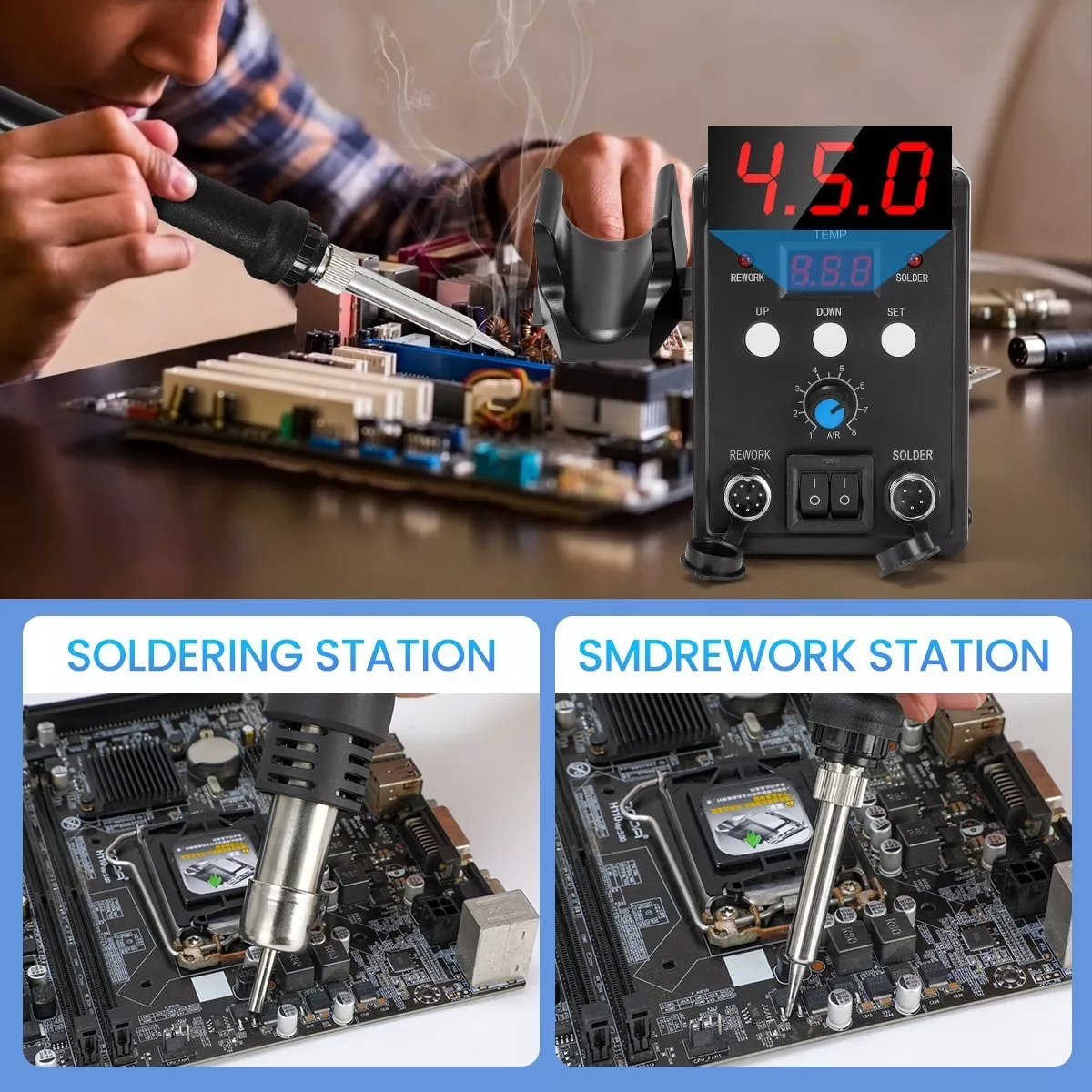 2 In 1 Lcd Estacion De Soldar Pistola De Calor Y Cautín 700w