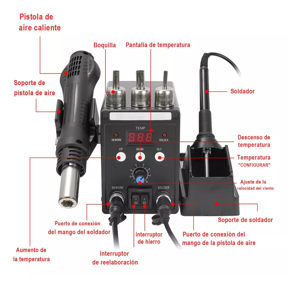 2 In 1 Lcd Estacion De Soldar Pistola De Calor Y Cautín 700w