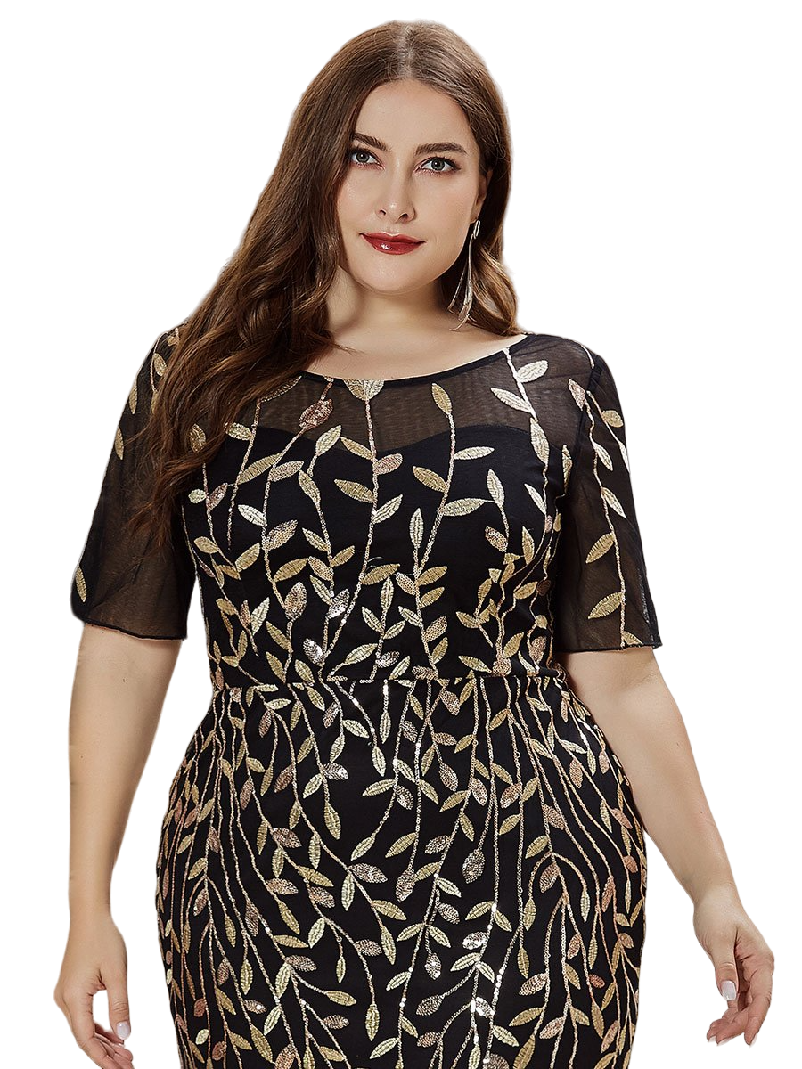 Vestido Elegante de Fiesta Largo Negro Dorado para Mujer con Lentejuela Sirena Manga Corta T Ch a Talla Extra