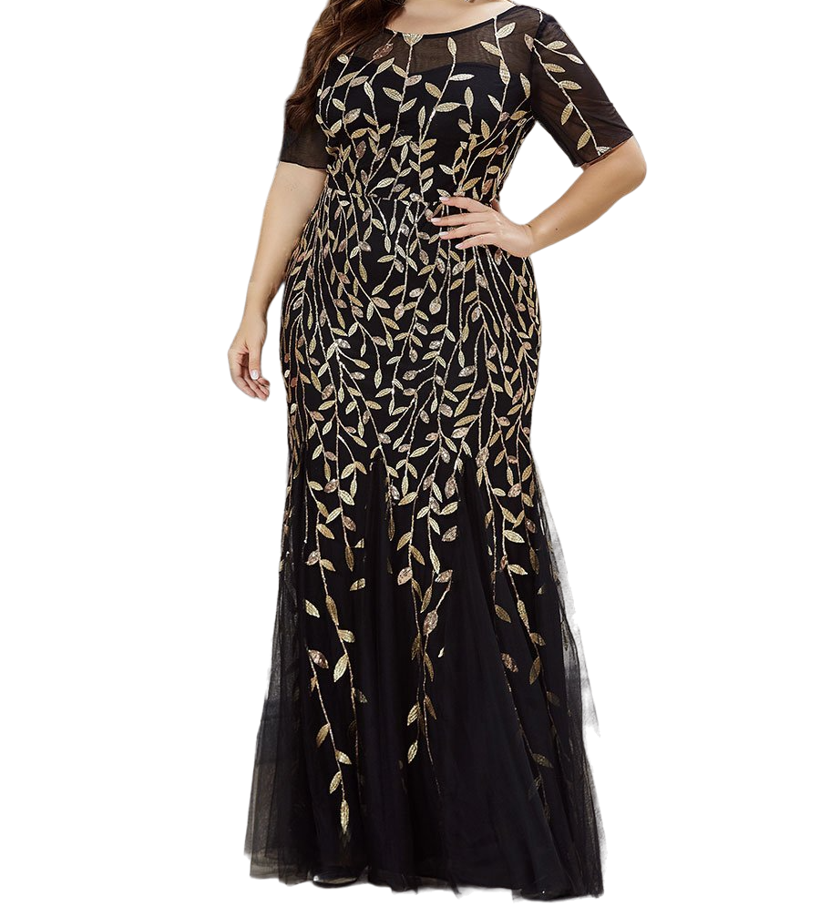 Vestido Elegante de Fiesta Largo Negro Dorado para Mujer con Lentejuela Sirena Manga Corta T Ch a Talla Extra