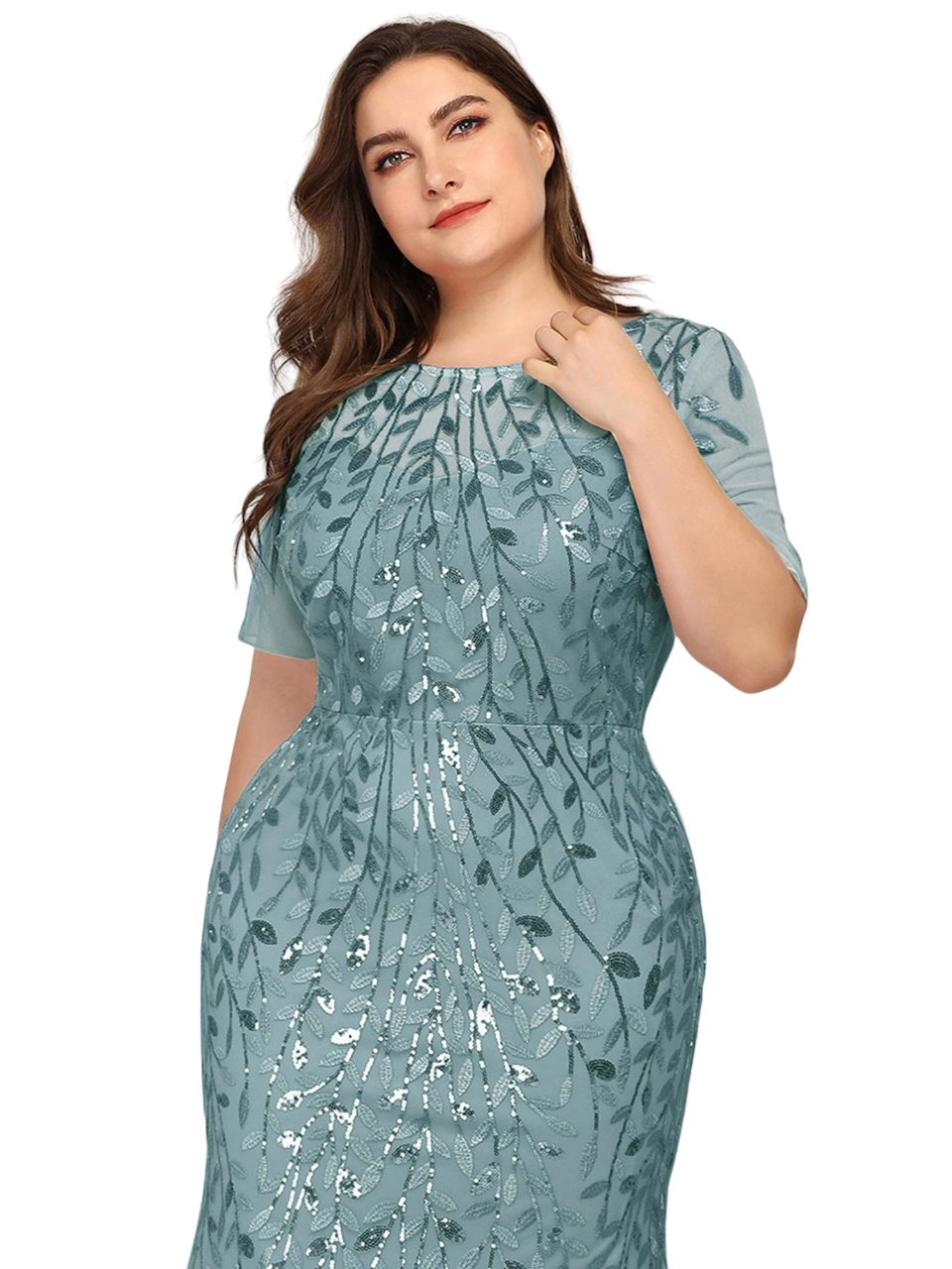 Vestido Elegante de Fiesta Largo Turquesa Dusty para Mujer con Lentejuela Sirena Manga Corta T Ch a Talla Extra