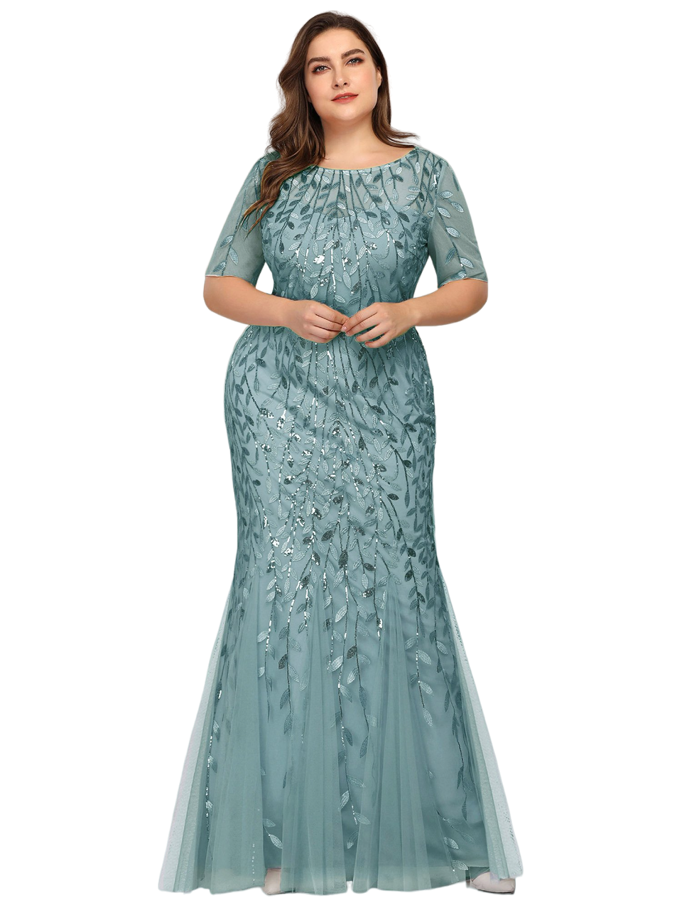 Vestido Elegante de Fiesta Largo Turquesa Dusty para Mujer con Lentejuela Sirena Manga Corta T Ch a Talla Extra