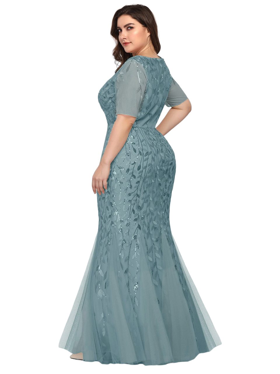 Vestido Elegante de Fiesta Largo Turquesa Dusty para Mujer con Lentejuela Sirena Manga Corta T Ch a Talla Extra