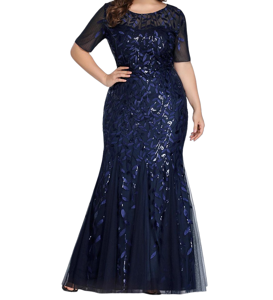 Vestido Elegante de Fiesta Largo Azul Marino para Mujer con Lentejuela Sirena Manga Corta T Ch a Talla Extra