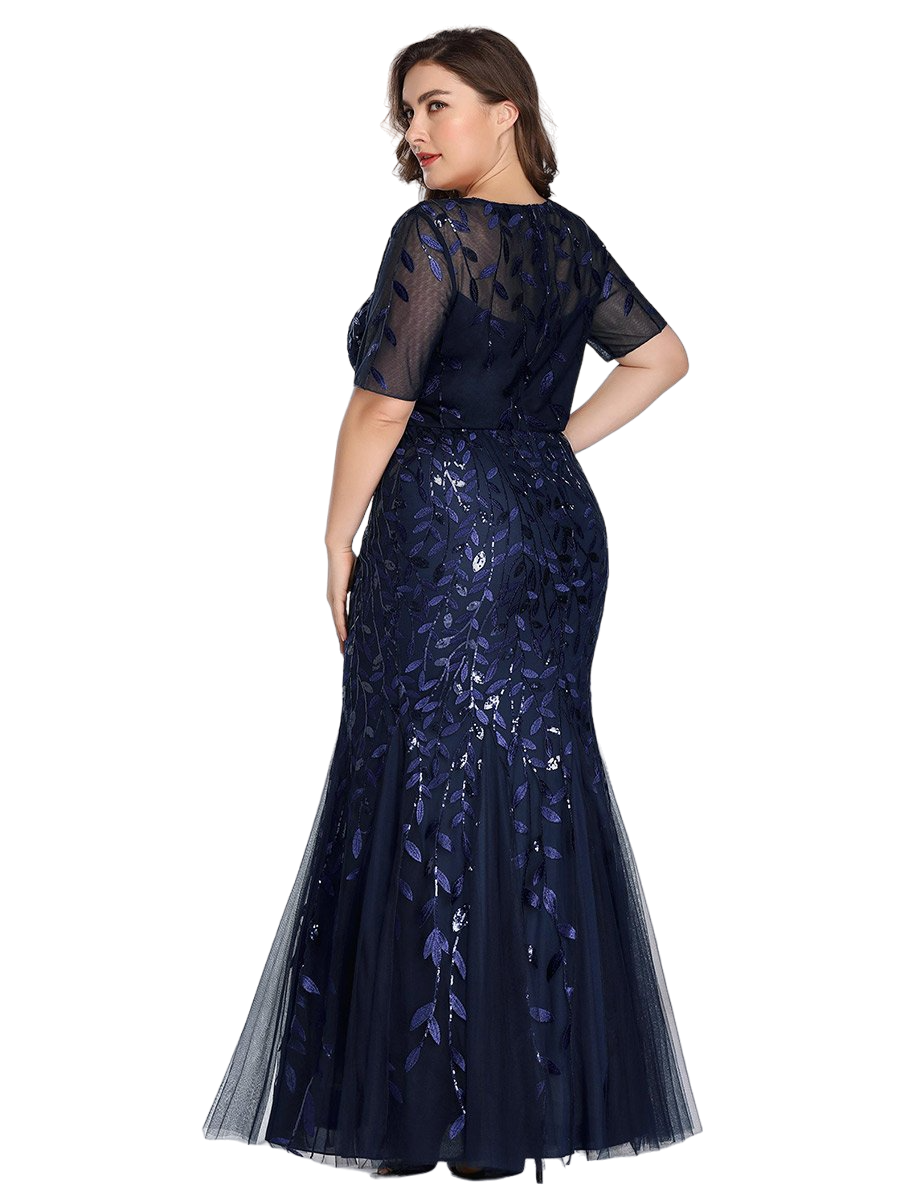 Vestido Elegante de Fiesta Largo Azul Marino para Mujer con Lentejuela Sirena Manga Corta T Ch a Talla Extra