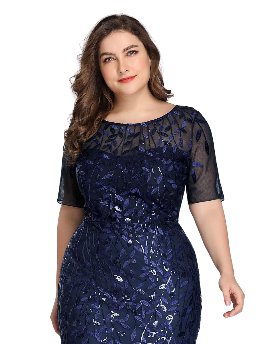 Vestido Elegante de Fiesta Largo Azul Marino para Mujer con Lentejuela Sirena Manga Corta T Ch a Talla Extra