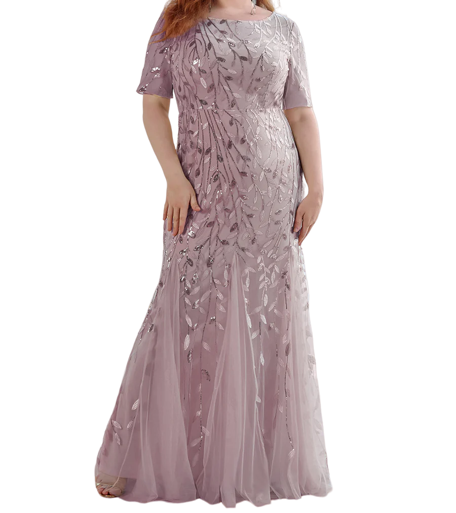 Vestido Elegante de Fiesta Largo Lila Violeta para Mujer con Lentejuela Sirena Manga Corta T Ch a Talla Extra