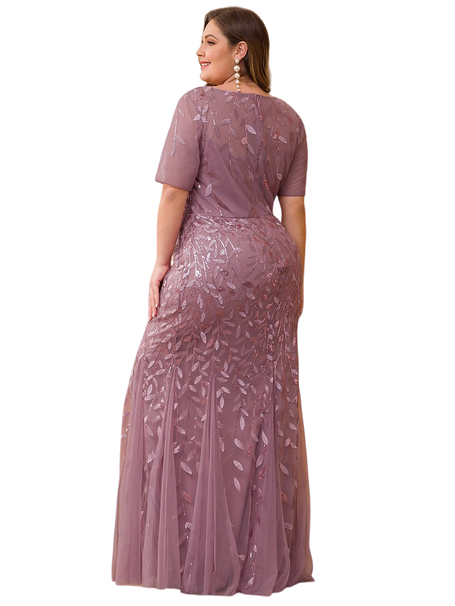 Vestido Elegante de Fiesta Largo Mauve Magenta para Mujer con Lentejuela Sirena Manga Corta T Ch a Talla Extra