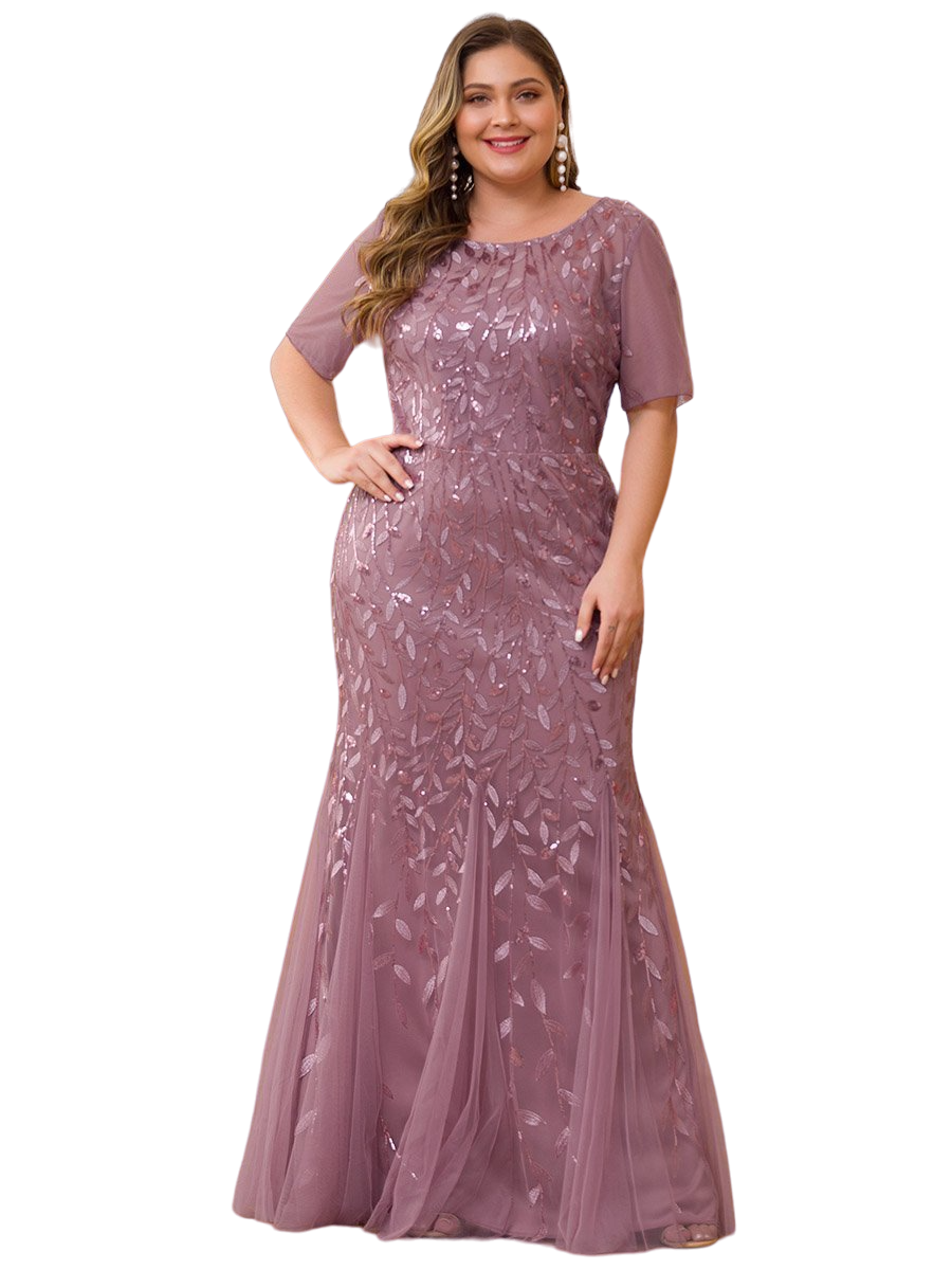 Vestido Elegante de Fiesta Largo Mauve Magenta para Mujer con Lentejuela Sirena Manga Corta T Ch a Talla Extra