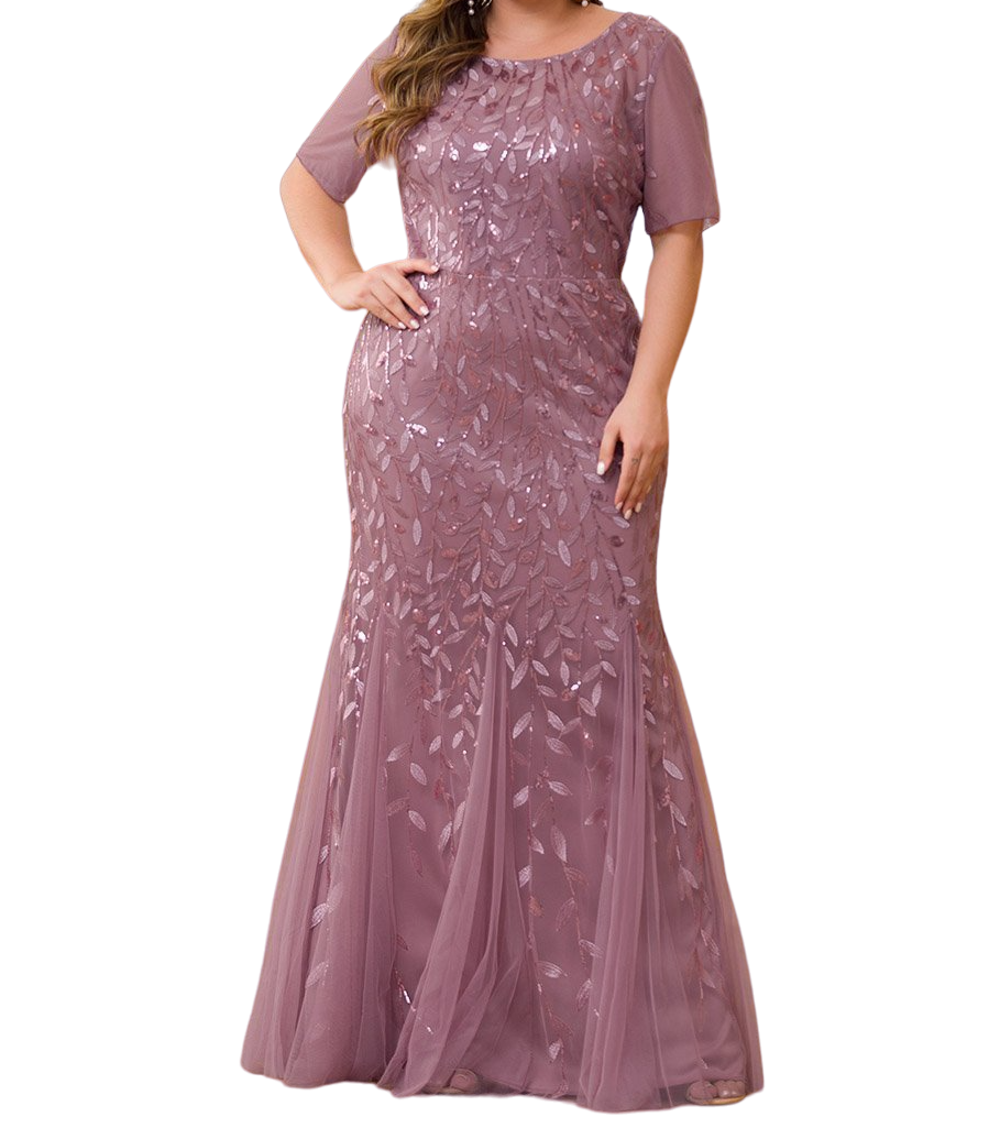 Vestido Elegante de Fiesta Largo Mauve Magenta para Mujer con Lentejuela Sirena Manga Corta T Ch a Talla Extra