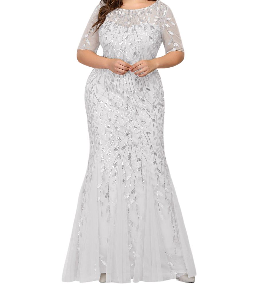 Vestido Elegante de Fiesta Largo Blanco Novia para Mujer Boda con Lentejuela Sirena Manga Corta T Ch a Talla Extra