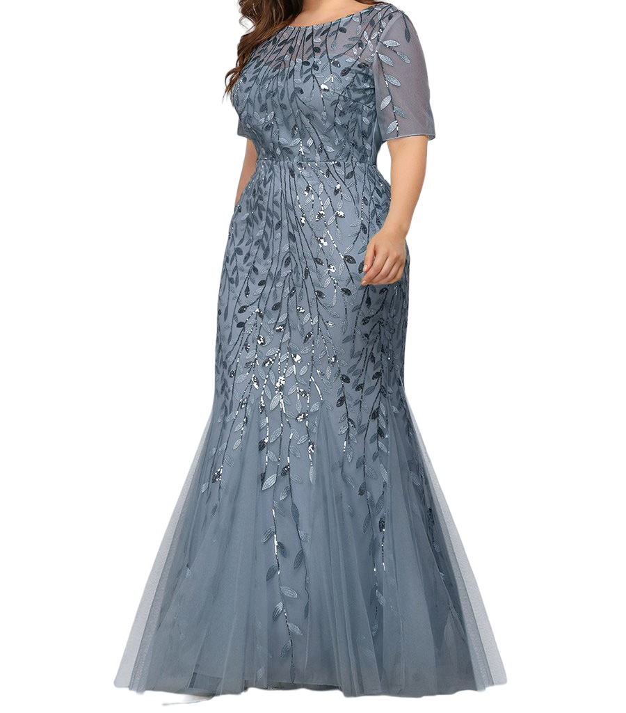 Vestido Elegante de Fiesta Largo Azul Acero para Mujer con Lentejuela Sirena Manga Corta T Ch a Talla Extra
