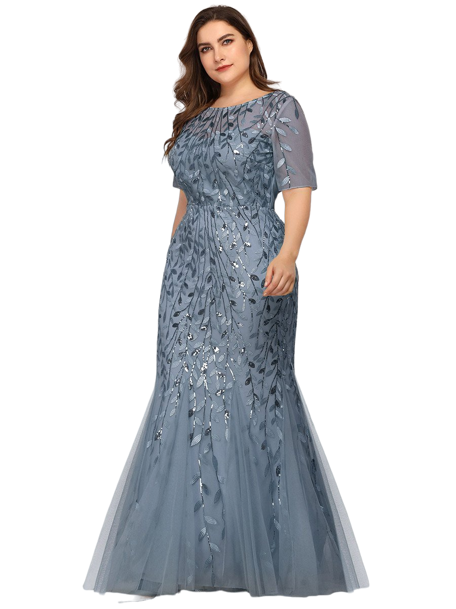 Vestido Elegante de Fiesta Largo Azul Acero para Mujer con Lentejuela Sirena Manga Corta T Ch a Talla Extra