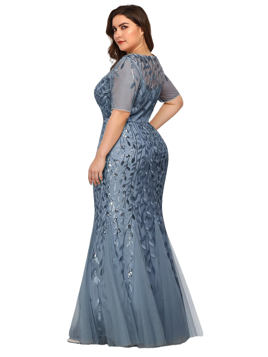 Vestido Elegante de Fiesta Largo Azul Acero para Mujer con Lentejuela Sirena Manga Corta T Ch a Talla Extra